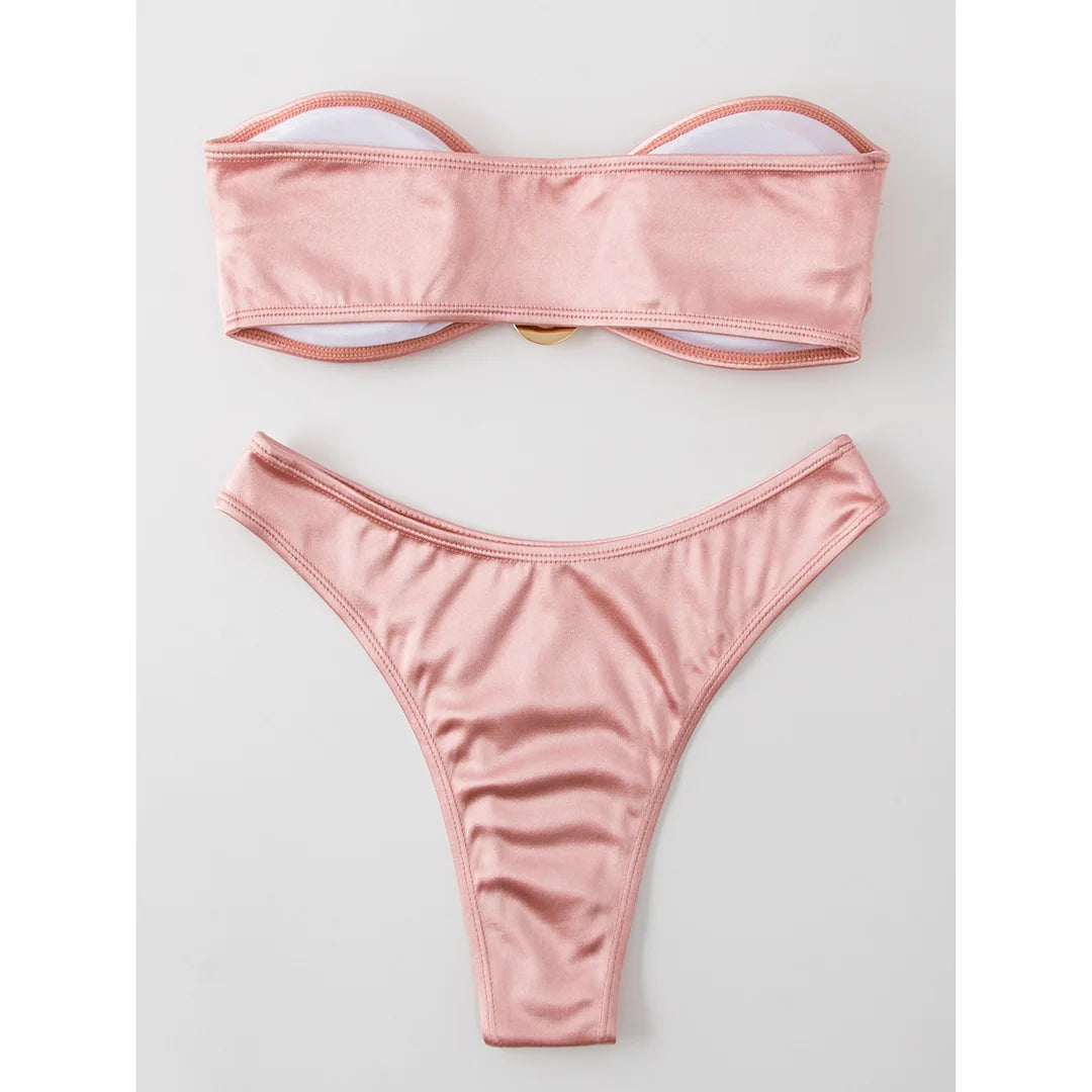 Swimwear - Bandeau 2 Piece Bikini with Satin Finish and Gold Highlights