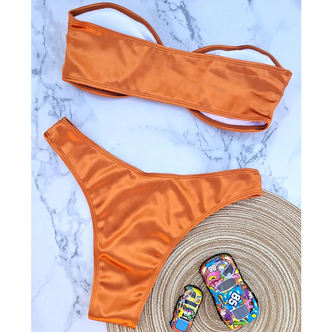 Swimwear - Bandeau 2 Piece Bikini with Satin Finish and Gold Highlights
