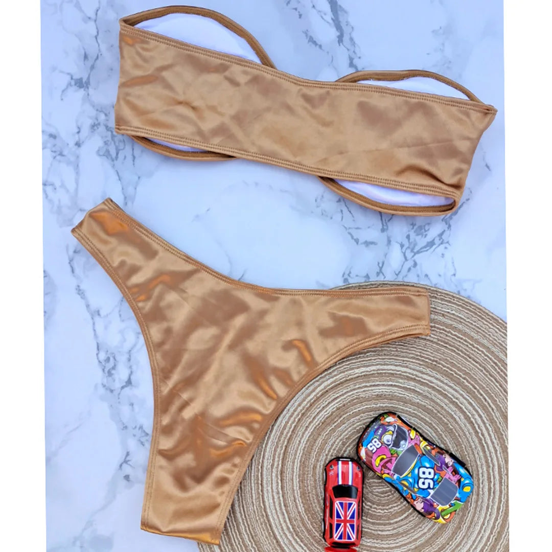 Swimwear - Bandeau 2 Piece Bikini with Satin Finish and Gold Highlights