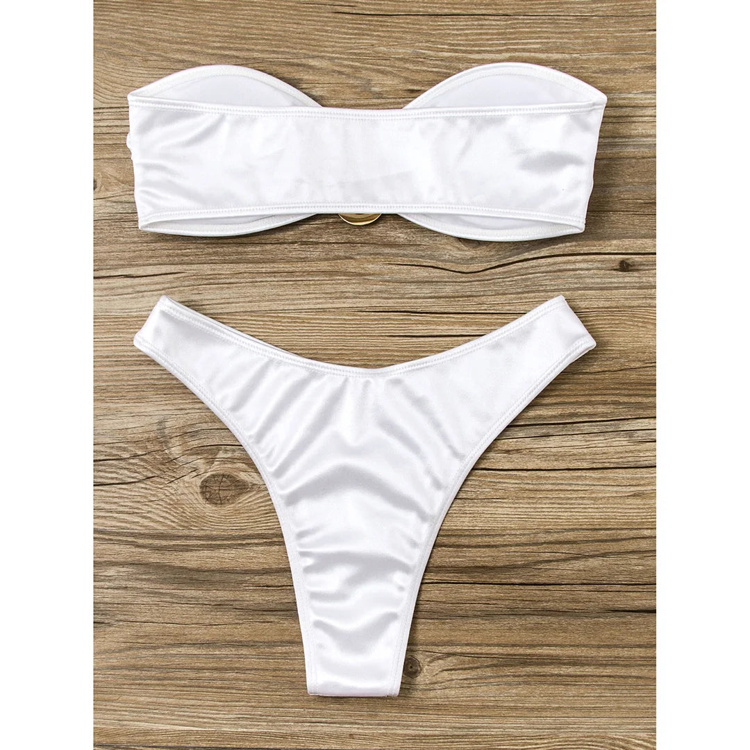 Swimwear - Bandeau 2 Piece Bikini with Satin Finish and Gold Highlights