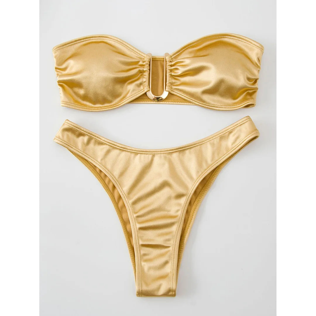 Swimwear - Bandeau 2 Piece Bikini with Satin Finish and Gold Highlights