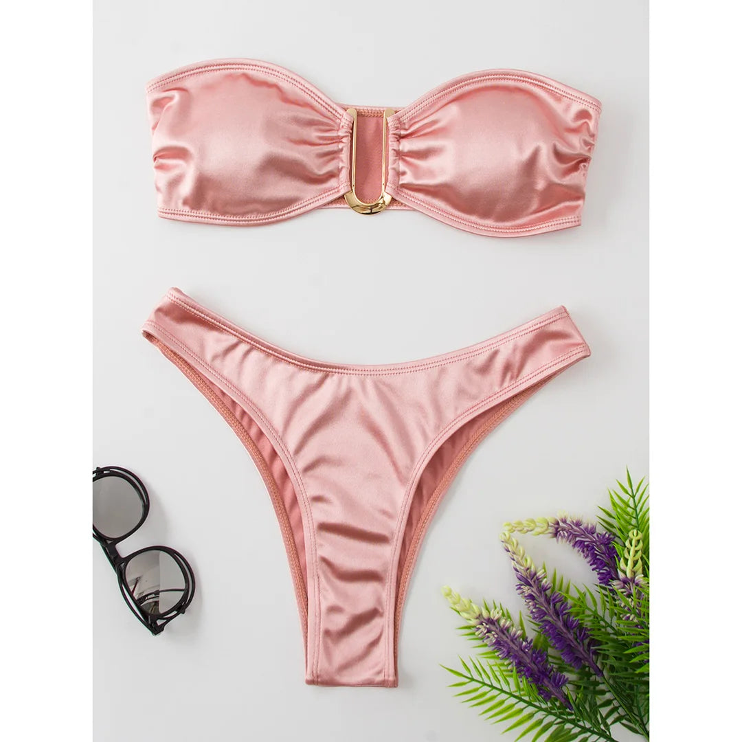 Swimwear - Bandeau 2 Piece Bikini with Satin Finish and Gold Highlights