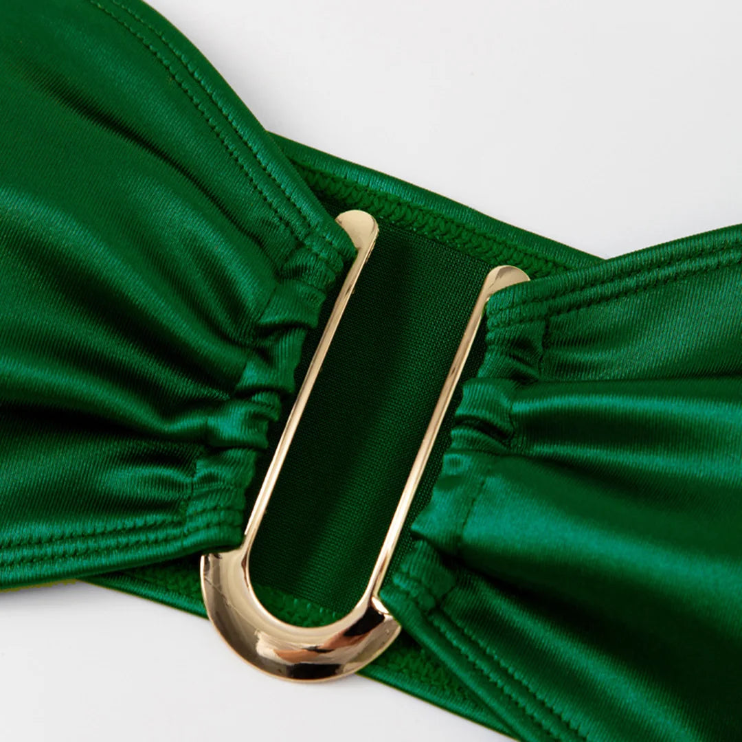 Swimwear - Bandeau 2 Piece Bikini with Satin Finish and Gold Highlights