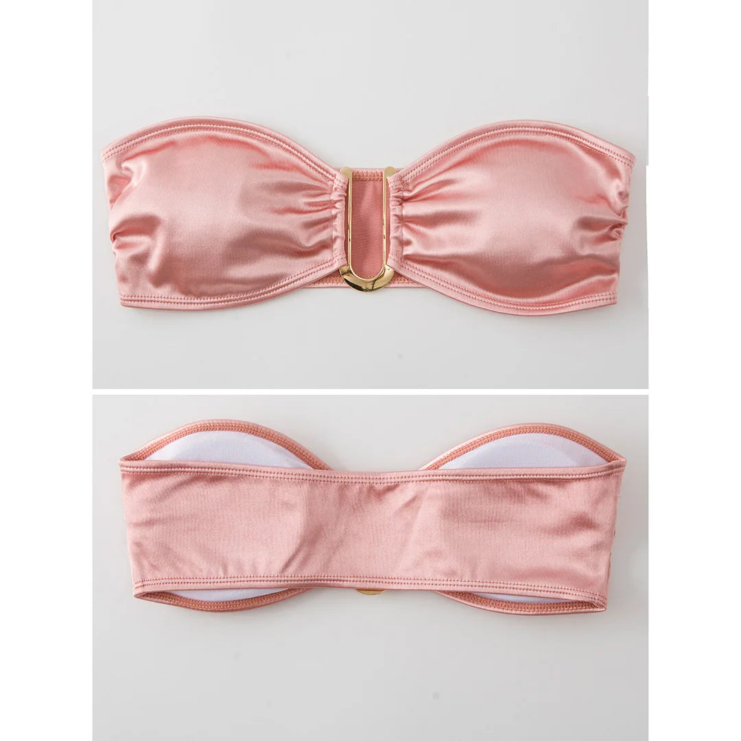 Swimwear - Bandeau 2 Piece Bikini with Satin Finish and Gold Highlights