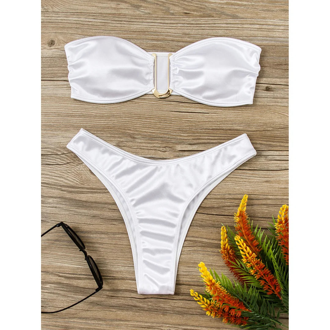 Swimwear - Bandeau 2 Piece Bikini with Satin Finish and Gold Highlights