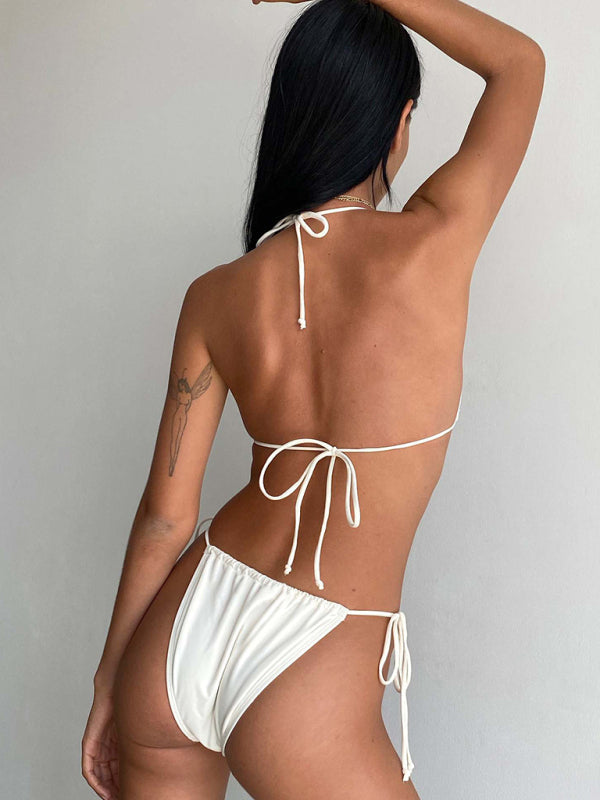 Swimwear- Beach Women's Ribboned Triangle Bra & Tie-Side Bikini- - Pekosa Women Fashion