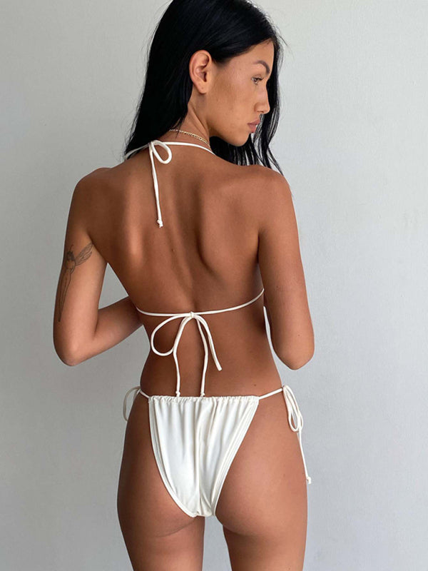 Swimwear- Beach Women's Ribboned Triangle Bra & Tie-Side Bikini- - Pekosa Women Fashion