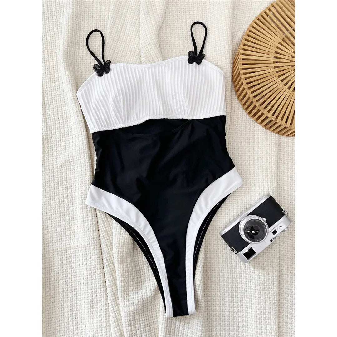 Swimwear - Color Block One-Piece Swimwear with Cutout