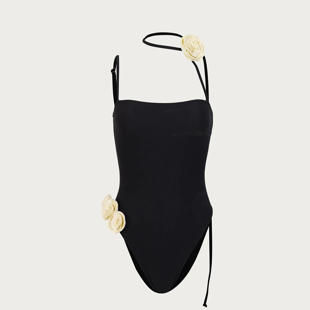 Swimwear - Elegant Beachwear One-Piece Swimsuit with Floral Accents