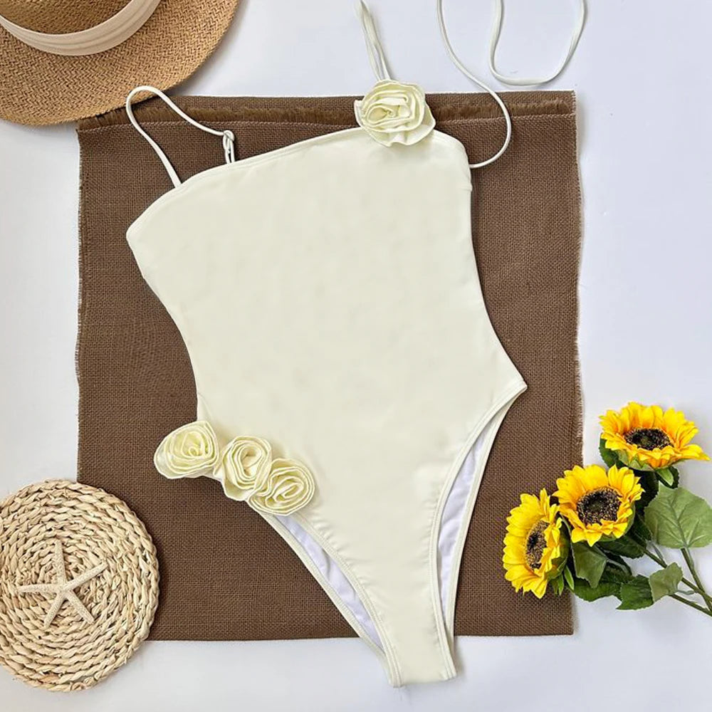 Swimwear - Elegant Beachwear One-Piece Swimsuit with Floral Accents