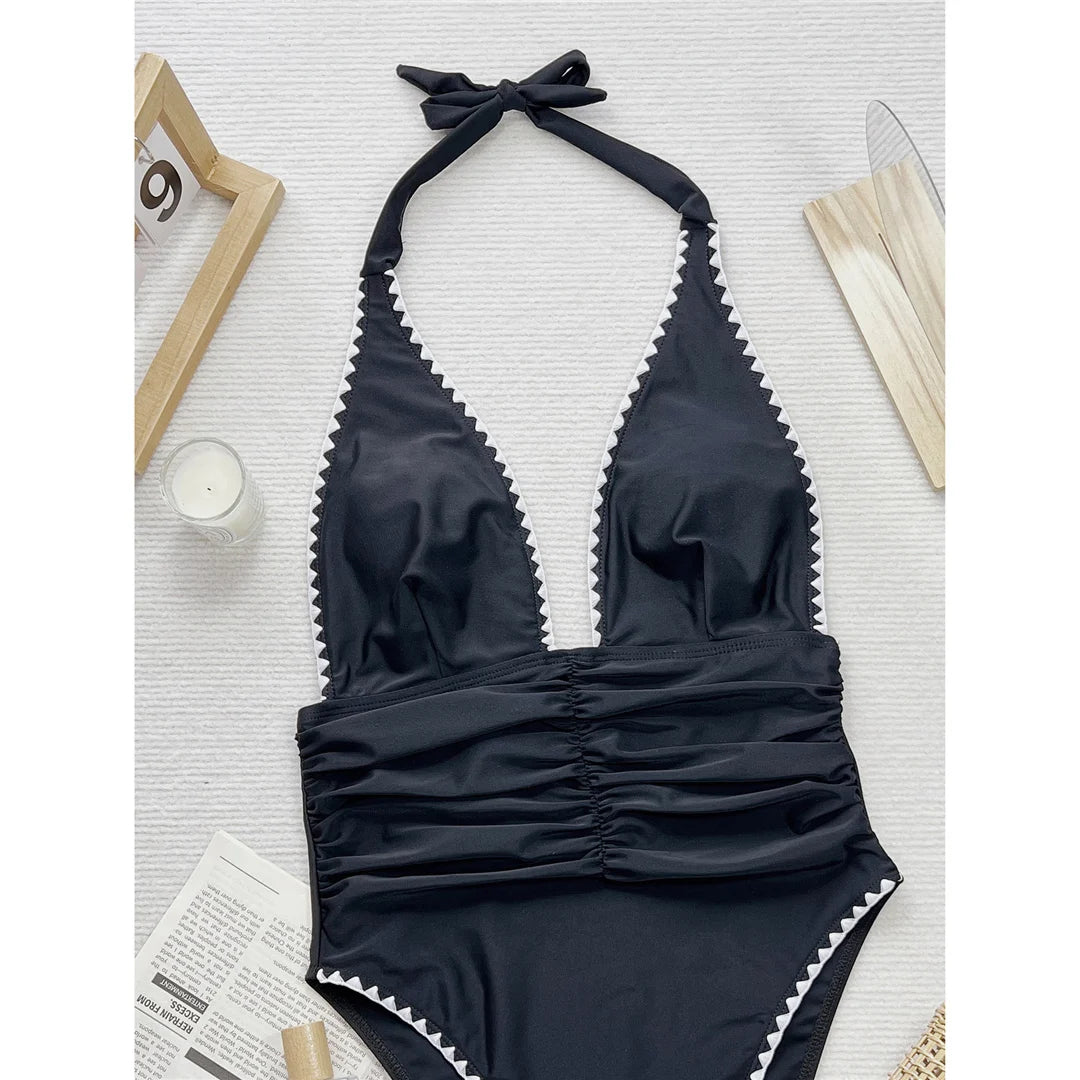 Swimwear - Essential Beachwear Halter Swimsuit with Ricrac Trim