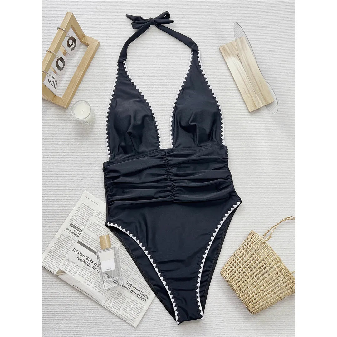 Swimwear - Essential Beachwear Halter Swimsuit with Ricrac Trim