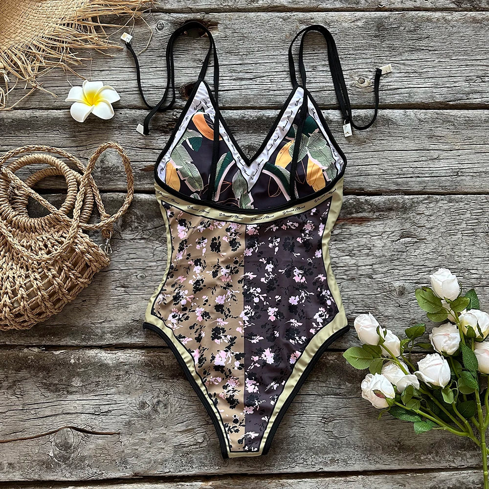 Swimwear- Beach Artistic Floral One-Piece Swimsuit for Vacation- - Pekosa Women Fashion