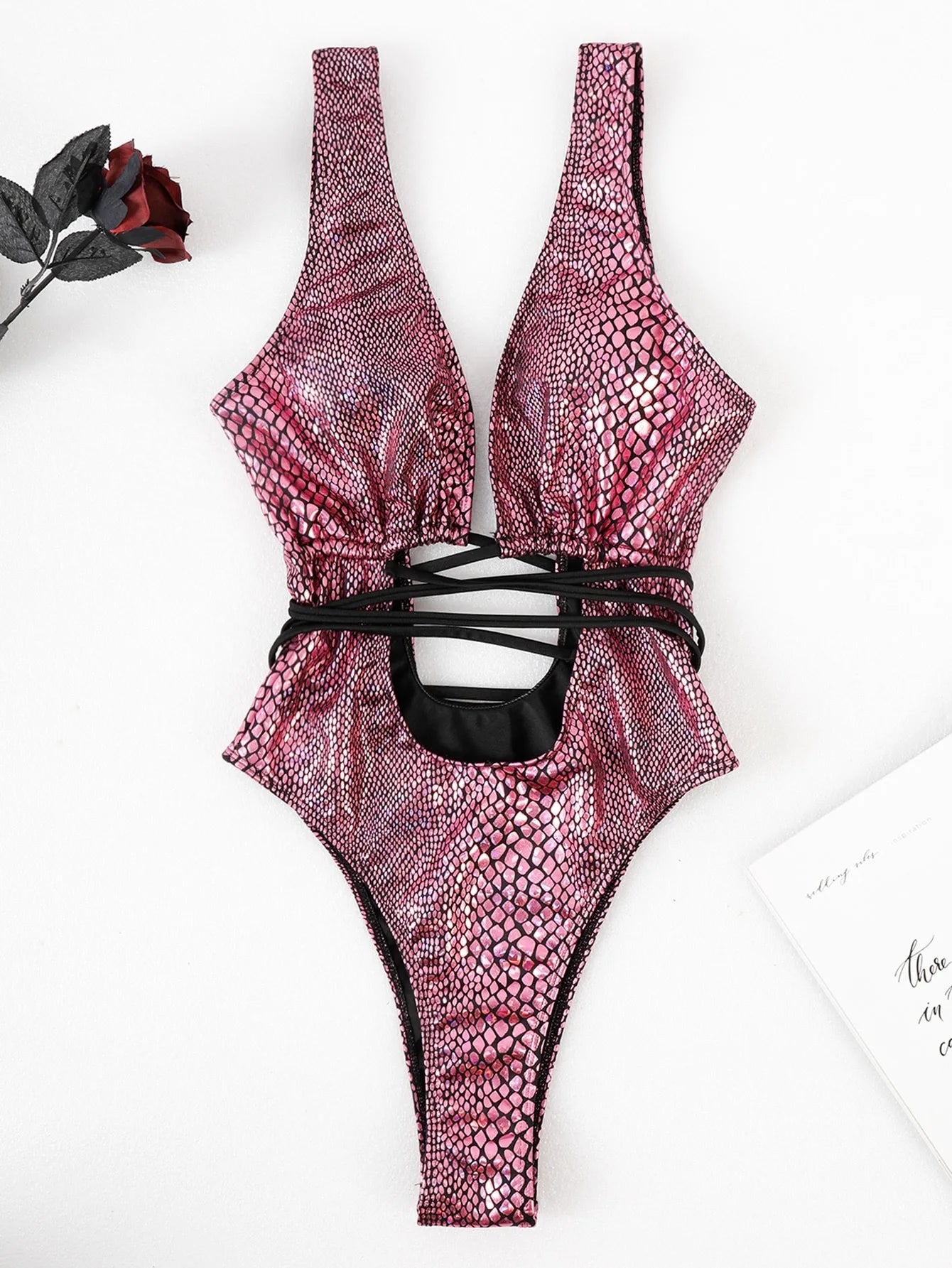 Swimwear - Glossy Snake Skin One Piece Swimwear for Poolside Glamour