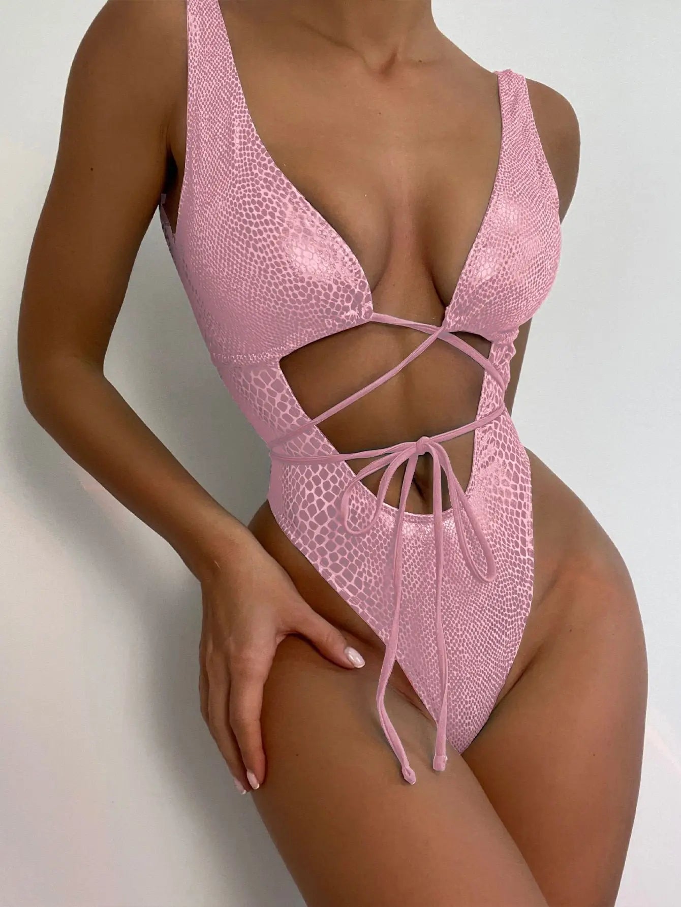 Swimwear - Glossy Snake Skin One Piece Swimwear for Poolside Glamour