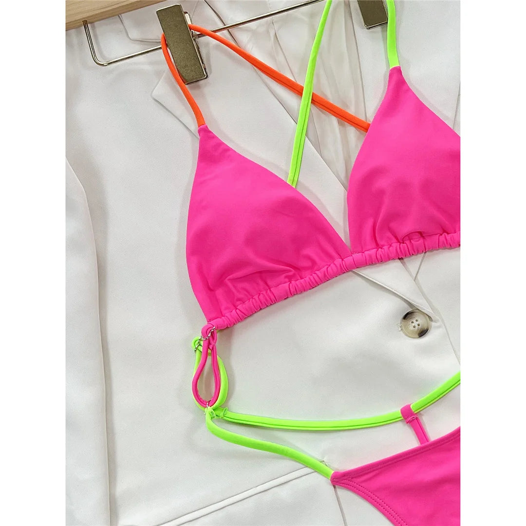 Swimwear - Hot Pink Beachwear T-String with Triangle Bra One Piece Swimwear