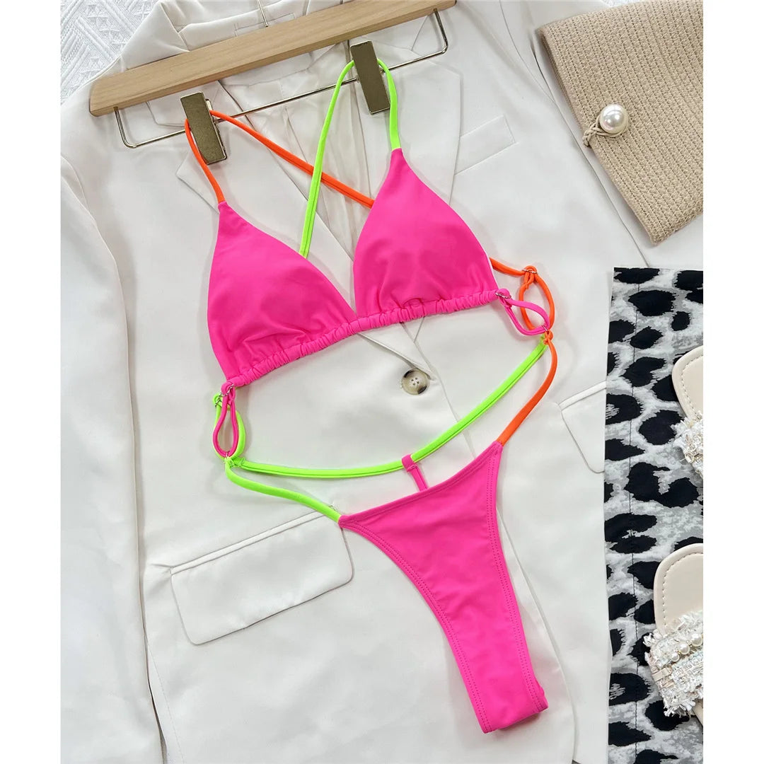 Swimwear - Hot Pink Beachwear T-String with Triangle Bra One Piece Swimwear