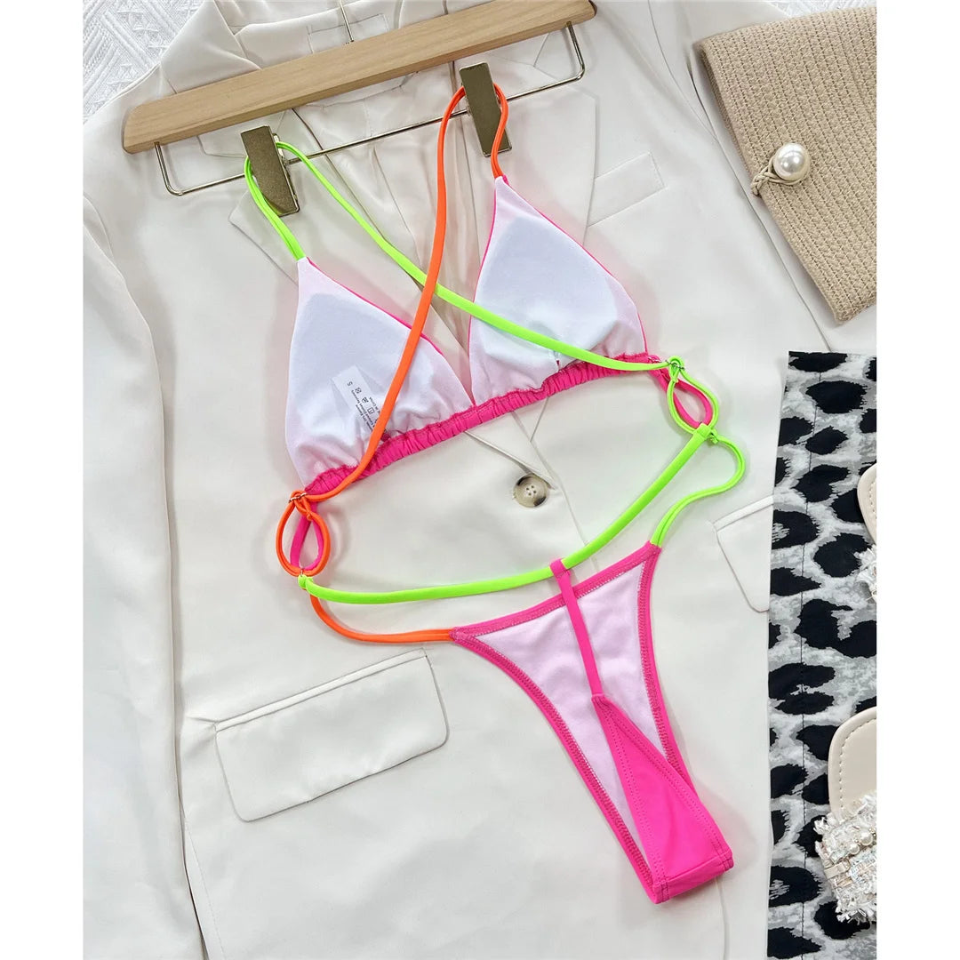 Swimwear - Hot Pink Beachwear T-String with Triangle Bra One Piece Swimwear