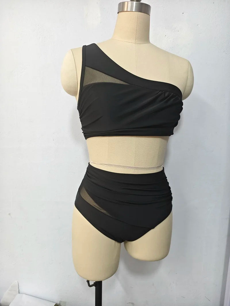 Swimwear - One-Shoulder High-Waisted Bikini for Tropical Vacations