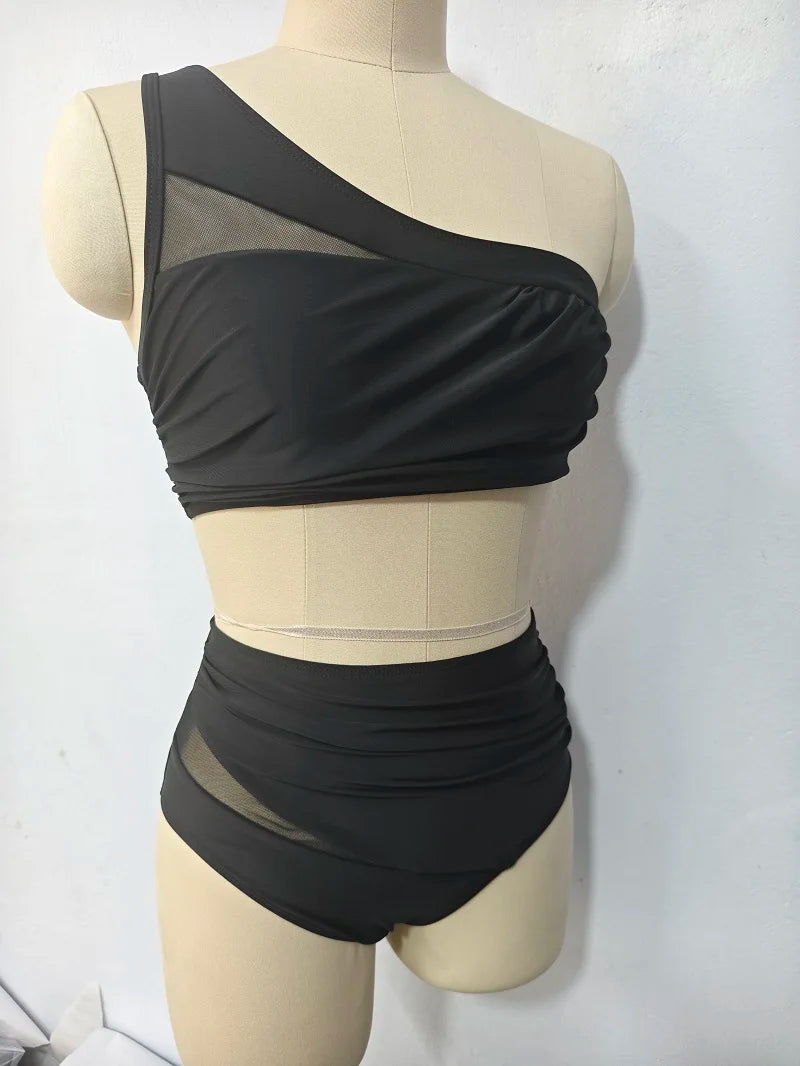 Swimwear - One-Shoulder High-Waisted Bikini for Tropical Vacations