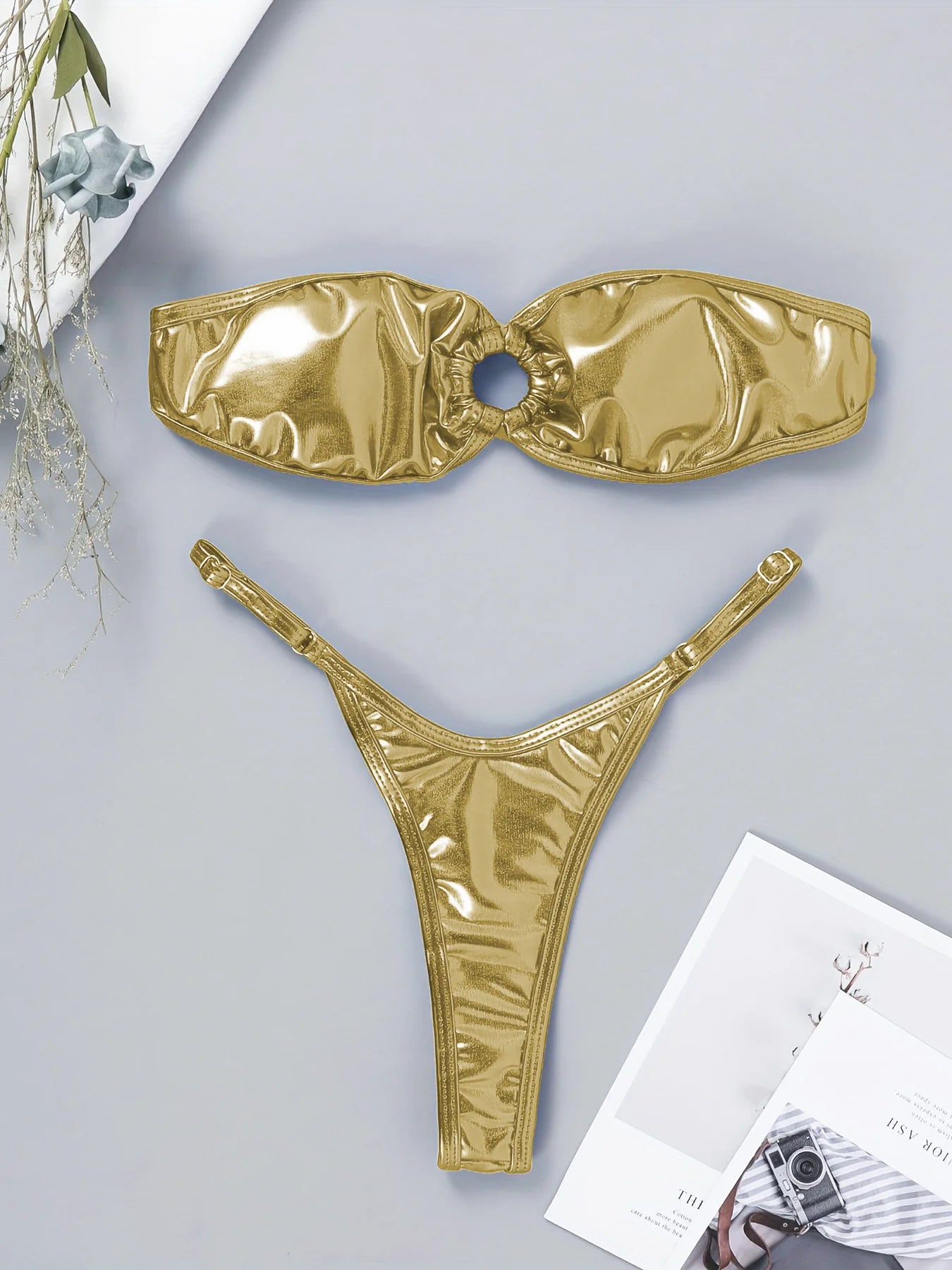 Swimwear - Sparkle Metallic Bikini Set Bandeau Bra and Brazilian Bottoms