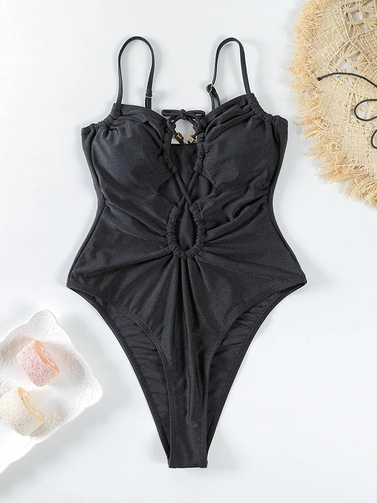 Swimwear- Tummy Control Cutout Glossy One-Piece Swimsuit for Beach- - Pekosa Women Fashion