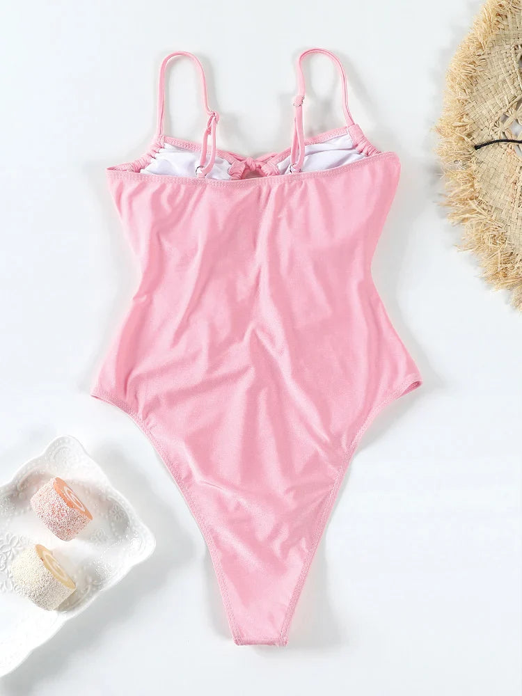 Swimwear- Tummy Control Cutout Glossy One-Piece Swimsuit for Beach- - Pekosa Women Fashion