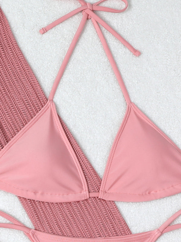 Swimwear- Women's 3-Piece String Swimsuit - Bikini & Triangle Bra & Beachy Mesh Cover-Up- - Pekosa Women Fashion