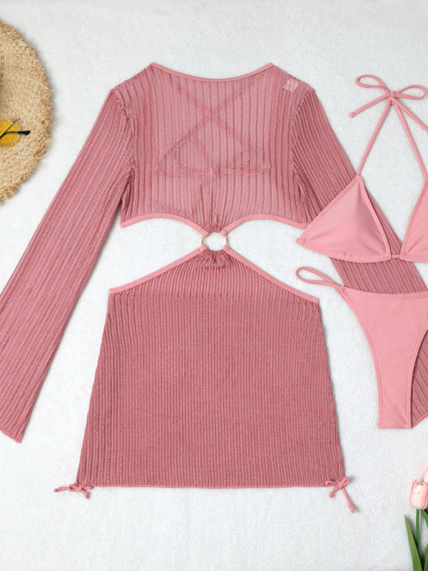 Swimwear- Women's 3-Piece String Swimsuit - Bikini & Triangle Bra & Beachy Mesh Cover-Up- - Pekosa Women Fashion