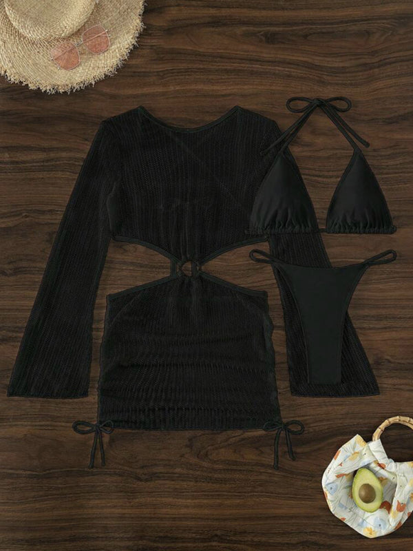 Swimwear- Women's 3-Piece String Swimsuit - Bikini & Triangle Bra & Beachy Mesh Cover-Up- - Pekosa Women Fashion