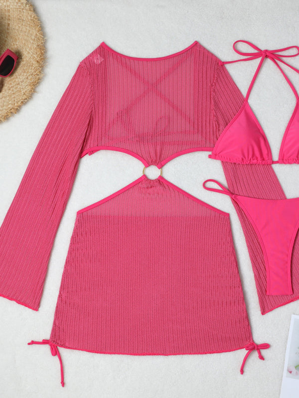 Swimwear- Women's 3-Piece String Swimsuit - Bikini & Triangle Bra & Beachy Mesh Cover-Up- - Pekosa Women Fashion