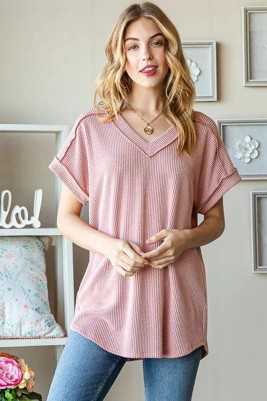 Tees- Women's Everyday Ribbed V-Neck T-Shirt- - Pekosa Women Fashion