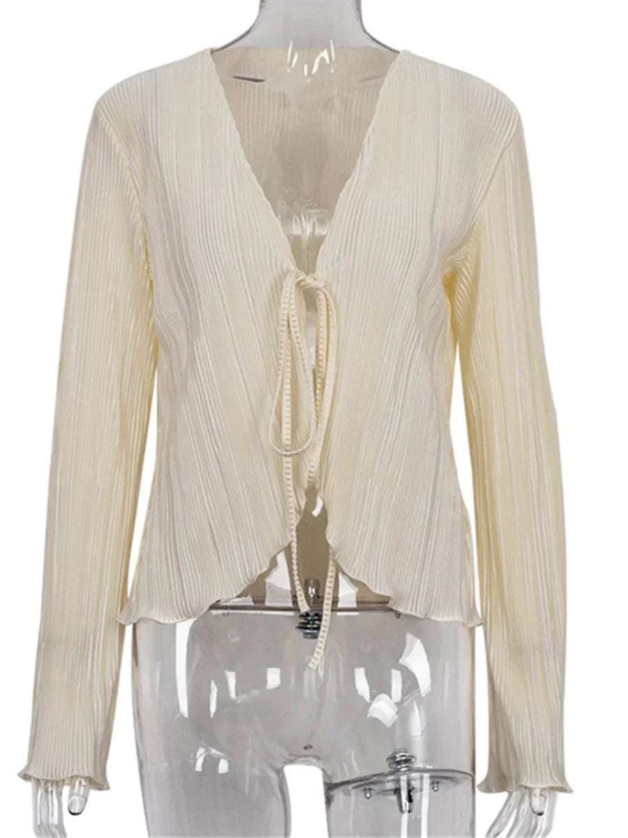 Toppers- Cream Ribbed Tie-Front Cardigan Topper- - Chuzko Women Clothing