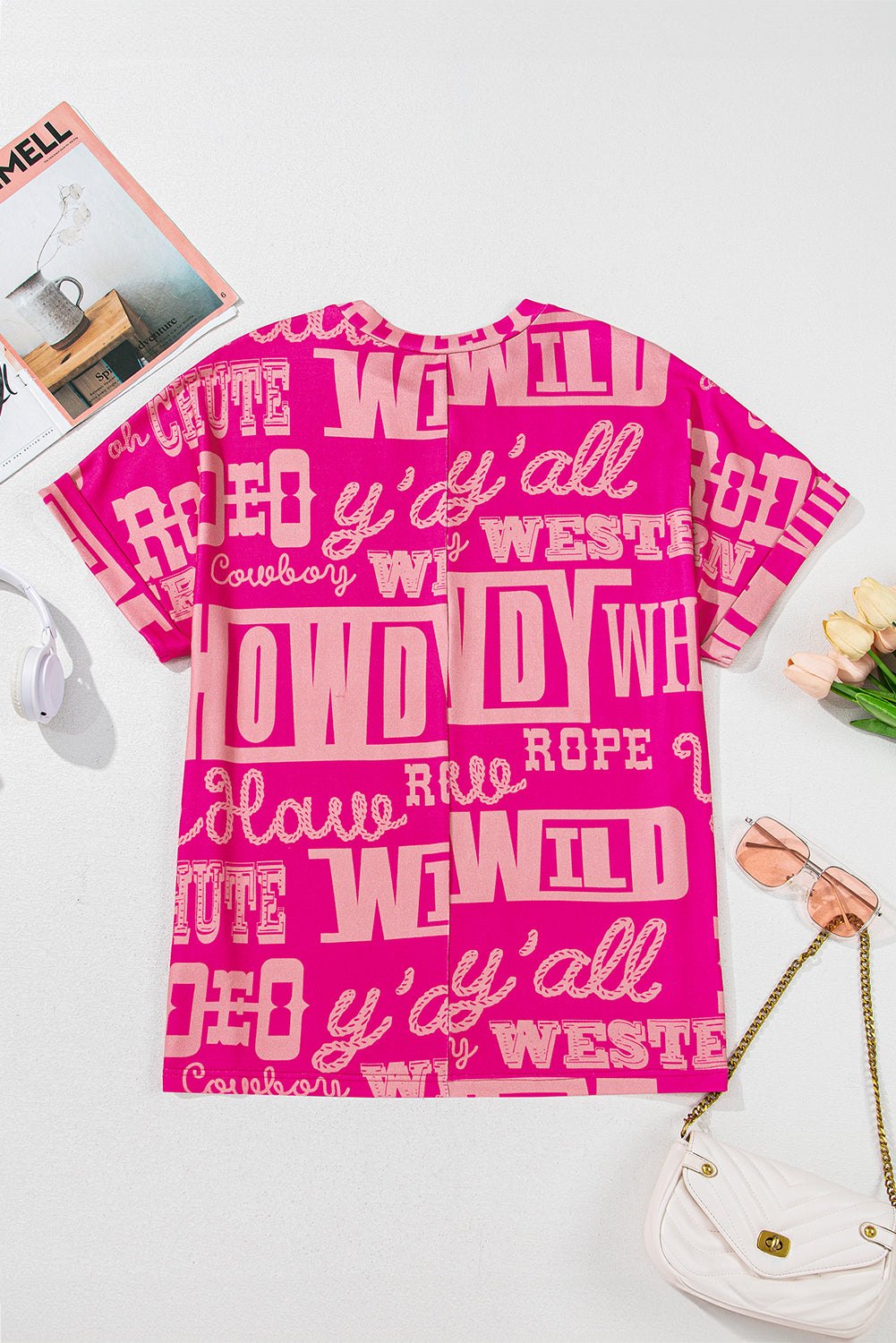 Tops & Tees - Pink Western Cowboy Print Tee - Casual & Stylish