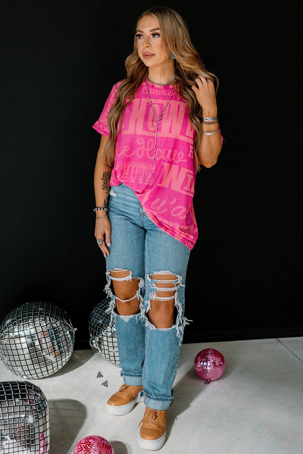 Tops & Tees - Pink Western Cowboy Print Tee - Casual & Stylish