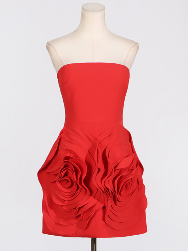 Tube Dresses - Bold Rose Applique Strapless Dress for Wedding Receptions