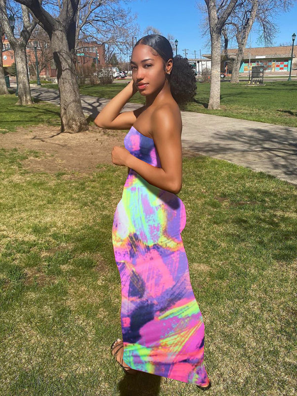 Tube Dresses - Colorful Watercolor Strapless Maxi Dress | Summer Festivals
