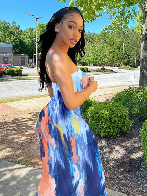 Tube Dresses - Colorful Watercolor Strapless Maxi Dress | Summer Festivals
