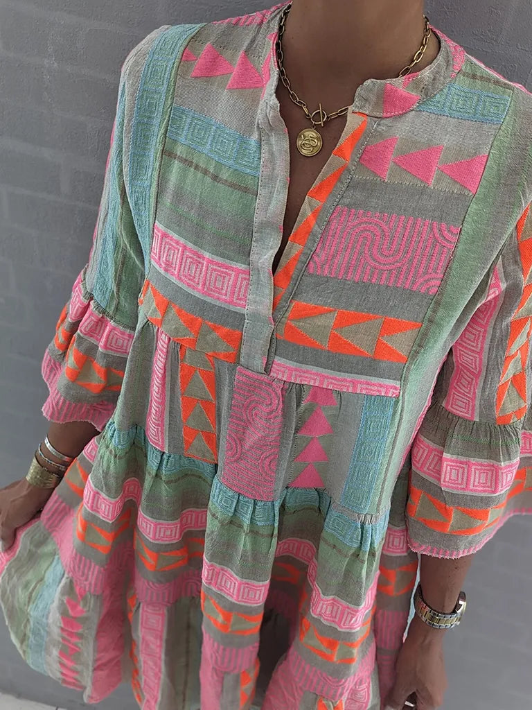 Tunic Dresses- Autumn Geo Print Tiered 3/4 Sleeve Midi Dress- - Pekosa Women Clothing