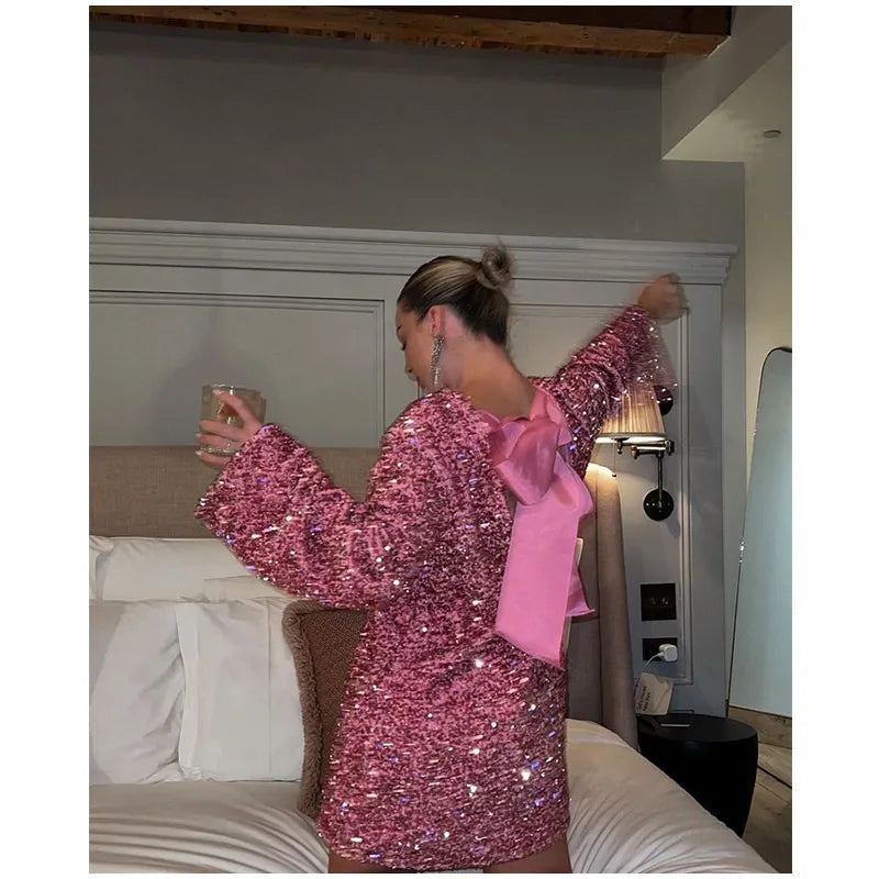 Tunic Dresses- Sparkle Sequin Mini Dress - Oversized Flare-Sleeve Tunic- - Pekosa Women Clothing