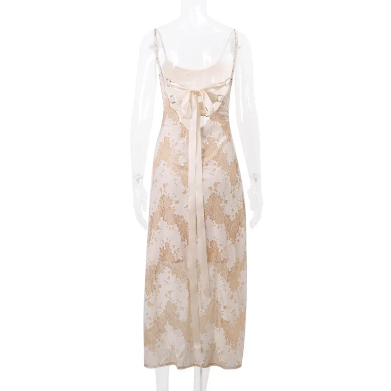 Vacation Dresses- Floral Women's Jacquard Maxi Dress with Lace-Up Back - Sheath Silhouette- - Chuzko Women Clothing