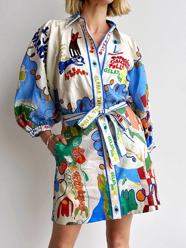 Vacation Dresses - Playful Linen Shirt Dress for Leisure