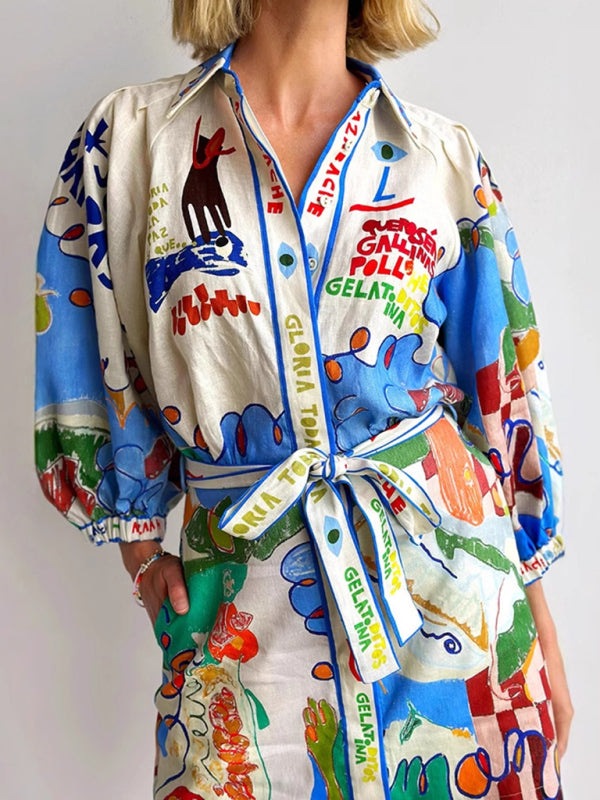 Vacation Dresses - Playful Linen Shirt Dress for Leisure