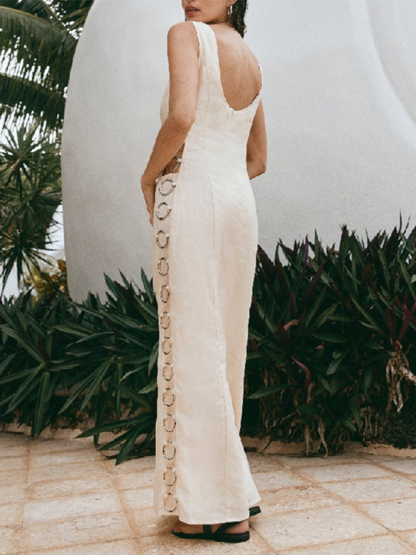 Vacation Dresses- Women's Vacation Cutout Rings Side Maxi Dress- - Pekosa Women Fashion
