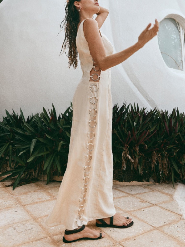 Vacation Dresses- Women's Vacation Cutout Rings Side Maxi Dress- - Pekosa Women Fashion