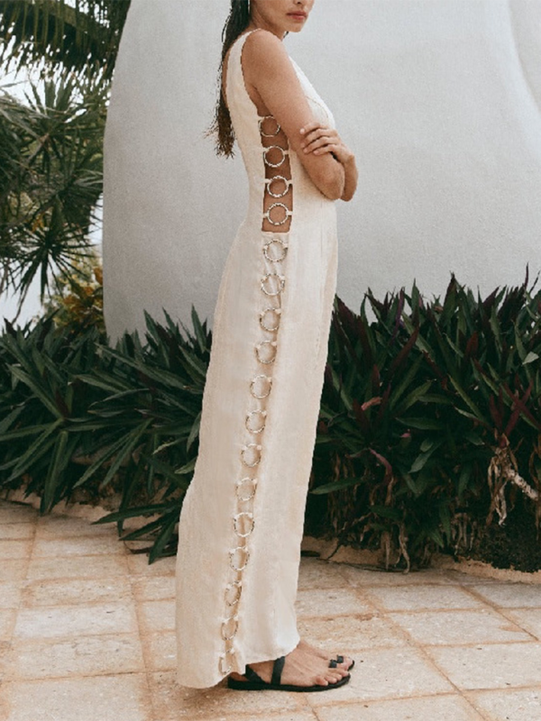 Vacation Dresses- Women's Vacation Cutout Rings Side Maxi Dress- - Pekosa Women Fashion