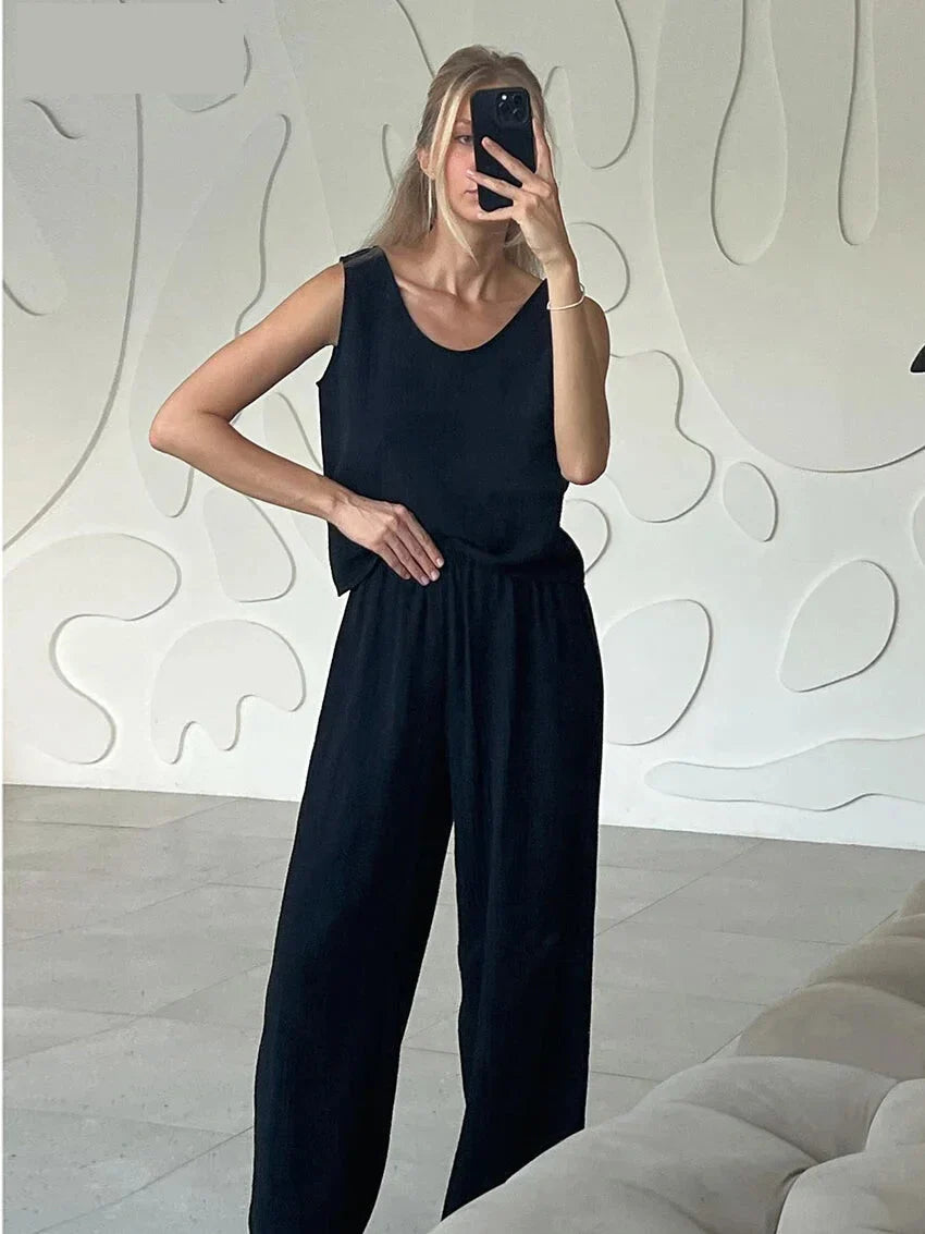 Vacation Outfit Set- Comfy Loungewear Set Textured Cotton Tank Top & Loose Pants- Black- Pekosa Women Fashion