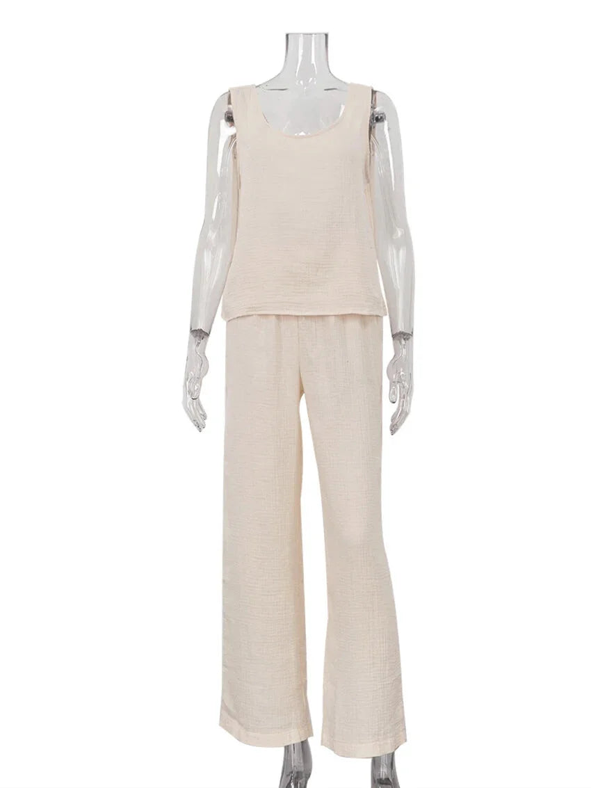 Vacation Outfit Set- Comfy Loungewear Set Textured Cotton Tank Top & Loose Pants- - Pekosa Women Fashion