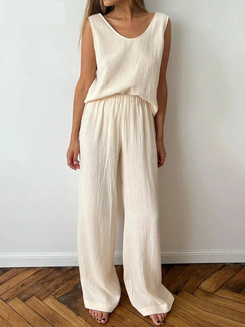 Vacation Outfit Set- Comfy Loungewear Set Textured Cotton Tank Top & Loose Pants- - Pekosa Women Fashion