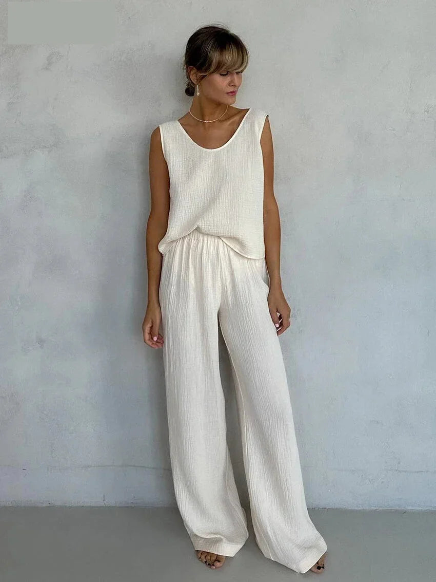 Vacation Outfit Set- Comfy Loungewear Set Textured Cotton Tank Top & Loose Pants- Beige- Pekosa Women Fashion